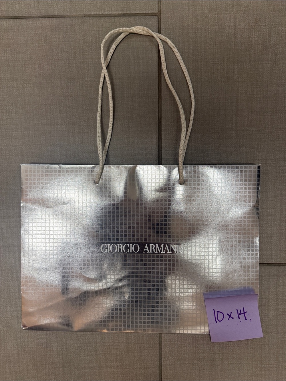 Giorgio Armani Metallic Silver Grid Shopping Bag with Rope Handles